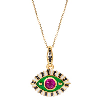Collier NeverNot Life in Colour Eye Pendant en or jaune, topaze rose et émail vert, noir et blanc.