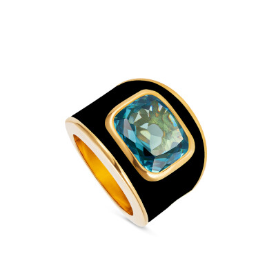 Bague NeverNot Grab n Go en or jaune, émail noir et topaze bleu ciel.