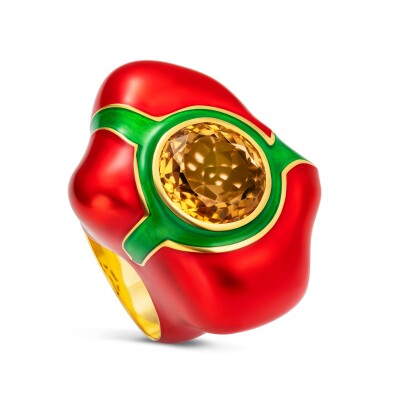 Bague NeverNot Grab n Go en or jaune, topaze jaune et émail rouge et vert.