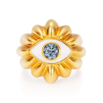 Bague NeverNot Show and Tell – Ready to Imagine en or jaune, topaze bleue et émail blanc.
