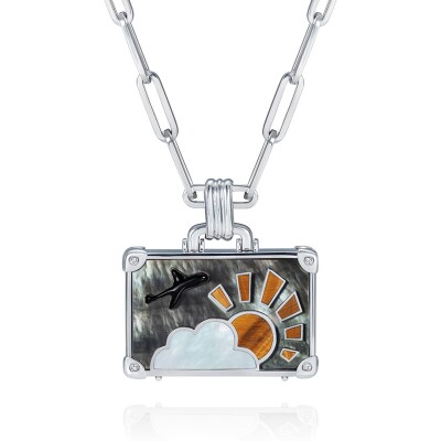 Collier NeverNot Travel « Powder Snow » Suitcase L en or blanc, nacre noire et blanche, œil de tigre et rhodium noir.