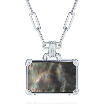 Collier NeverNot Travel « Powder Snow » Suitcase L en or blanc, nacre noire et blanche, œil de tigre et rhodium noir.