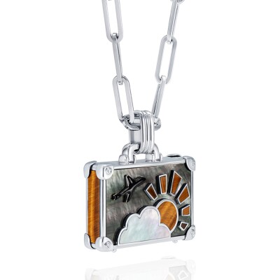 Collier NeverNot Travel « Powder Snow » Suitcase L en or blanc, nacre noire et blanche, œil de tigre et rhodium noir.