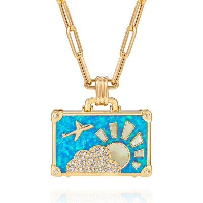 Collier NeverNot Travel « Beach Escape » Suitcase L en or jaune, opale bleue, nacre blanche, œil de tigre et diamants.