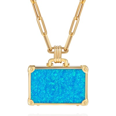 Collier NeverNot Travel « Beach Escape » Suitcase L en or jaune, opale bleue, nacre blanche, œil de tigre et diamants.