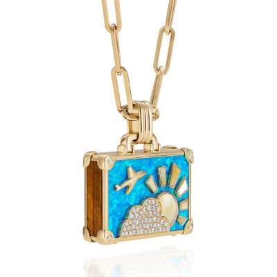Collier NeverNot Travel « Beach Escape » Suitcase L en or jaune, opale bleue, nacre blanche, œil de tigre et diamants.