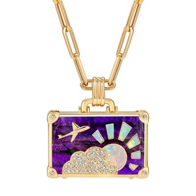 Collier NeverNot Travel « Purple Power » Suitcase en or jaune, sugilite, nacre blanche et diamants.