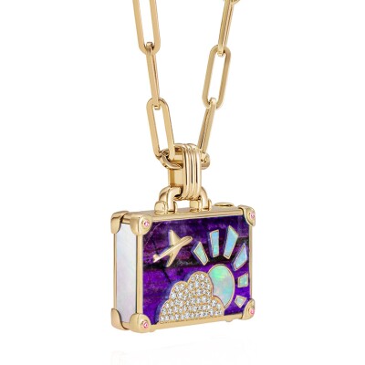 Collier NeverNot Travel « Purple Power » Suitcase en or jaune, sugilite, nacre blanche et diamants.