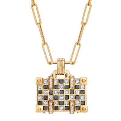 Collier NeverNot Travel « Night and Day Weekend » Suitcase en or jaune, diamants noirs et diamants blancs.