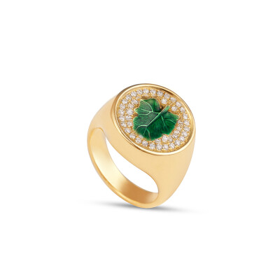 NeverNot ‘Hide n Seek’ Leaf ring in yellow gold, green enamel, and diamonds