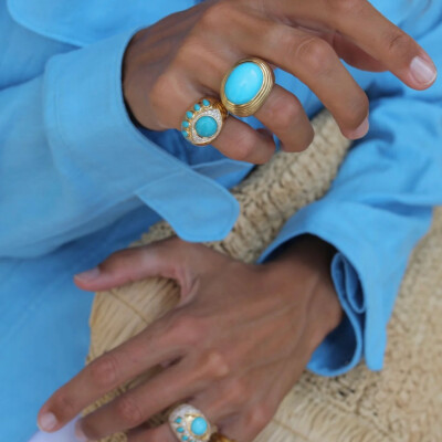 Bague NeverNot Show n Tell Ready to See You en or jaune, turquoises et diamants.