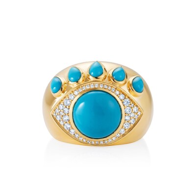 Bague NeverNot Show n Tell Ready to See You en or jaune, turquoises et diamants.