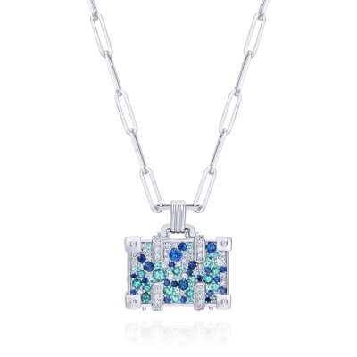 Collier NeverNot Travel Touch The Sky Suitcase en or blanc, tourmalines Paraiba, saphirs bleus et diamants.