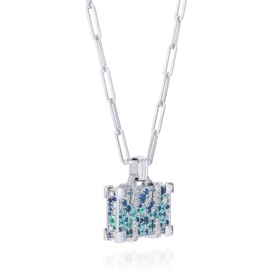 Collier NeverNot Travel Touch The Sky Suitcase en or blanc, tourmalines Paraiba, saphirs bleus et diamants.