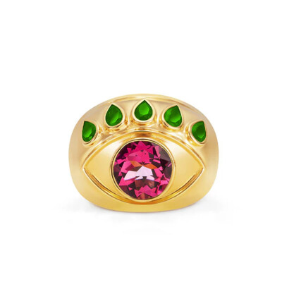 Bague NeverNot Show n Tell Ready to See You en or jaune, tsavorites et topaze rose.