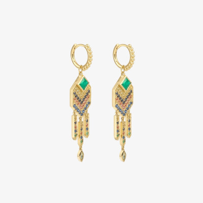 Boucles d'oreilles Sophie d'Agon Ani 2 Verte en or jaune, saphirs jaunes, saphirs cognacs, saphirs bleus, diamants noirs et émeraudes