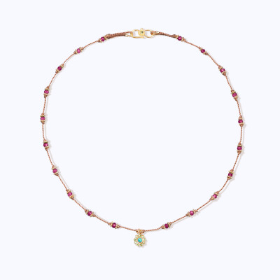 Collier Tityaravy Bopha en or jaune, rubellites, tsavorite et turquoise