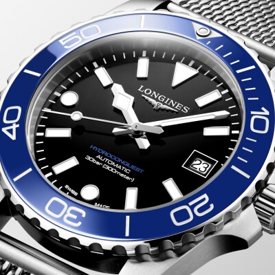 Longines Hydroconquest 39mm Lacquered Black Dial Blue Bezel Watch