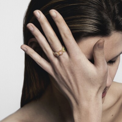 Tityaravy Saï - 84 Ring in yellow gold, with diamonds, tsavorite, tanzanite, red rubies, and blue, yellow, and pink sapphires.