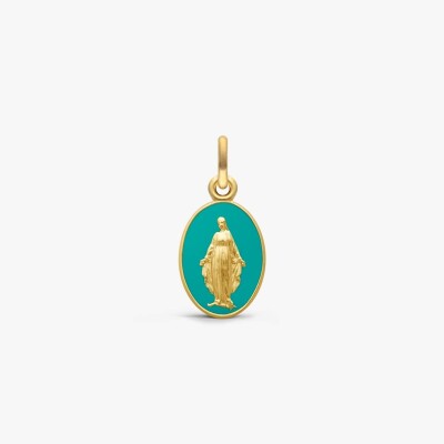 Arthus Bertrand miraculous virgin medal, 2 sides, 13mm, aqua lacquer, sandblasted yellow gold