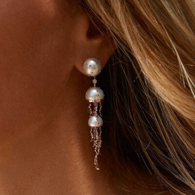Bibi van der Velden Waves Jellyfish Single Earring Drop in Rose Gold, Diamonds, and white pearls