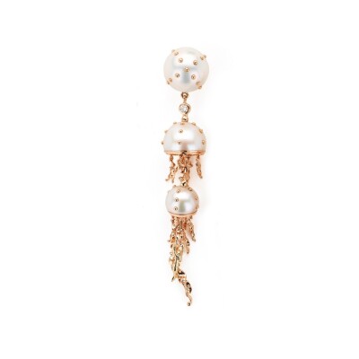 Mono boucle d'oreille Bibi van der Velden Waves Jellyfish Drop en or rose, diamants et perle d'eau douce