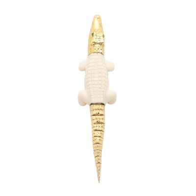 Single Alligator Mammoth earring in yellow gold, mammoth ivory, and tsavorites