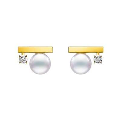 Tasaki Balance Neo Small Earrings in yellow gold, diamonds, and Akoya pearls