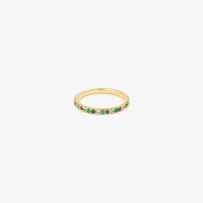 Sophie Ring by Agon Gaia Love Marine in yellow gold, with emeralds, navy blue sapphires, and light blue sapphires