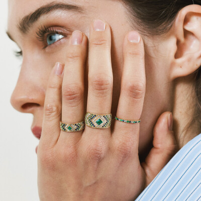 Sophie Ring by Agon Gaia Love Marine in yellow gold, with emeralds, navy blue sapphires, and light blue sapphires