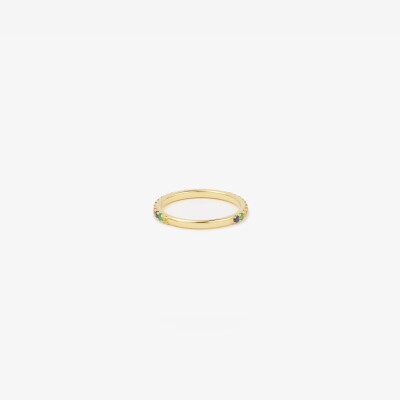 Sophie Ring by Agon Gaia Love in yellow gold, featuring yellow sapphires, emeralds, navy blue sapphires, and cognac-colored sapphires.