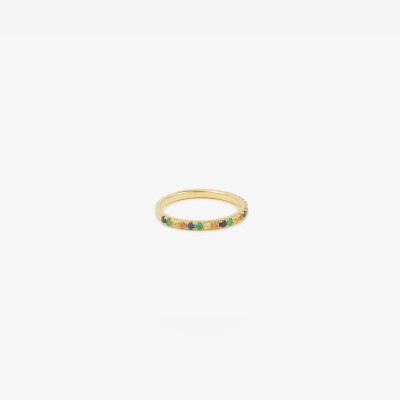 Sophie Ring by Agon Gaia Love in yellow gold, featuring yellow sapphires, emeralds, navy blue sapphires, and cognac-colored sapphires.