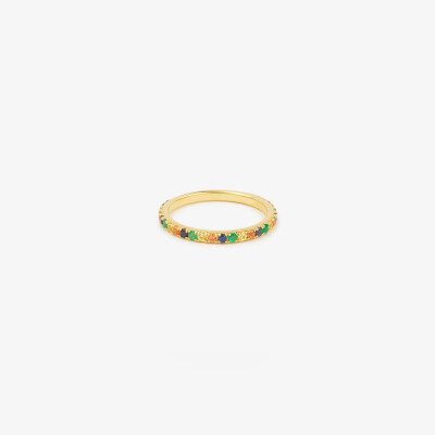 Sophie Ring by Agon Gaia Love in yellow gold, featuring yellow sapphires, emeralds, navy blue sapphires, and cognac-colored sapphires.