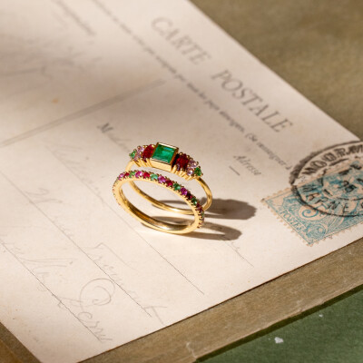 Sophie Ring by Agon Gaia Love Rouge in yellow gold, rubies, emeralds, and pink sapphires.