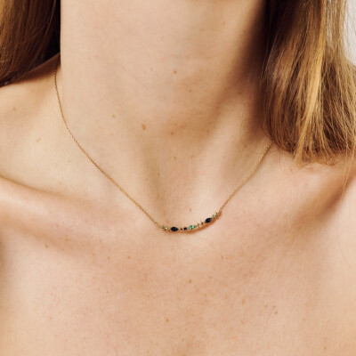 Sophie d'Agon Necklace Gaia 1 Green in yellow gold, emeralds, navy blue sapphires, yellow sapphires, and cognac sapphires
