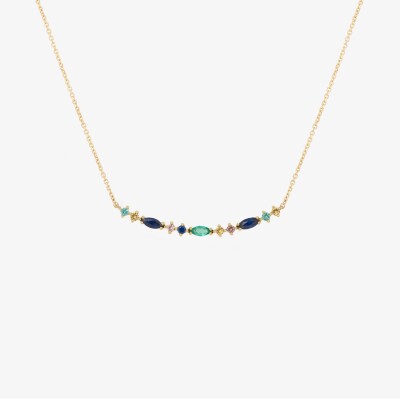 Sophie d'Agon Necklace Gaia 1 Green in yellow gold, emeralds, navy blue sapphires, yellow sapphires, and cognac sapphires
