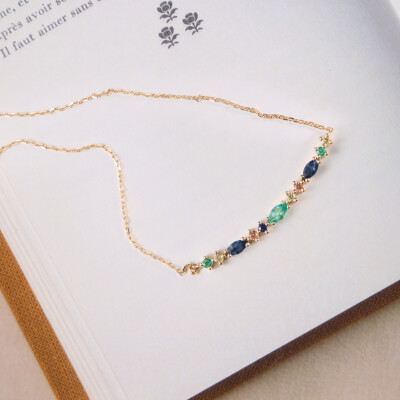Sophie d'Agon Necklace Gaia 1 Green in yellow gold, emeralds, navy blue sapphires, yellow sapphires, and cognac sapphires