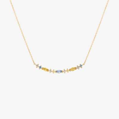 Sophie d'Agon Necklace Gaia 1 Givre in yellow gold, blue sapphires, yellow sapphires, and “salt and pepper” diamonds.