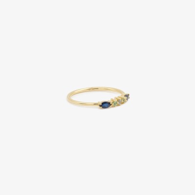Sophied'Agon Gaia 6 Marine ring in yellow gold, featuring navy blue sapphires, emeralds and a sky-blue sapphire.