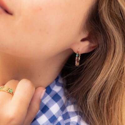 Sophie d'Agon Gaia 2 Red Hoop Earrings in yellow gold, rubies, emeralds and pink sapphires