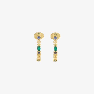 Sophied'Agon Gaia 2 Green Hoop Earrings in yellow gold, featuring navy blue sapphires, yellow sapphires, cognac sapphires and emeralds.
