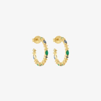 Sophied'Agon Gaia 2 Green Hoop Earrings in yellow gold, featuring navy blue sapphires, yellow sapphires, cognac sapphires and emeralds.