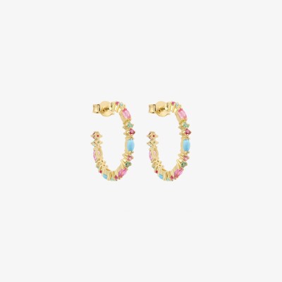 Sophied'Agon Gaia 2 Turquoise Hoop Earrings in yellow gold, featuring pink sapphires, rubies, emeralds and turquoise
