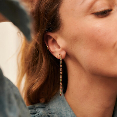 Sophie d'Agon Gaia 3 Red Dangle Earrings in yellow gold, emeralds, rubies, and pink sapphires