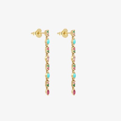 Sophie d'Agon Gaia 2 Turquoise Dangle Earrings in yellow gold, rubies, pink sapphires, emeralds, and turquoise