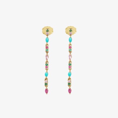Sophie d'Agon Gaia 2 Turquoise Dangle Earrings in yellow gold, rubies, pink sapphires, emeralds, and turquoise