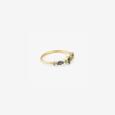 Sophied'Agon Gaia 5 Blue Ring in yellow gold, light blue sapphires, navy blue sapphires, and emeralds