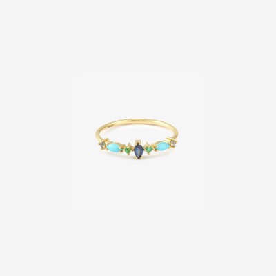 Sophie d'Agon Gaia 5 Turquoise Ring in yellow gold, featuring sky-blue sapphires, navy-blue sapphires, emeralds, and turquoises