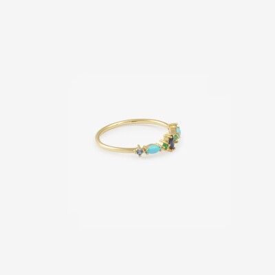Sophie d'Agon Gaia 5 Turquoise Ring in yellow gold, featuring sky-blue sapphires, navy-blue sapphires, emeralds, and turquoises