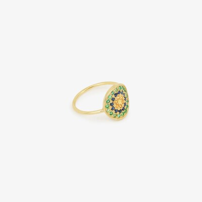 Sophie d'Agon Yellowstone 1 Verte ring in yellow gold, emeralds, navy blue sapphires, cognac sapphires and yellow sapphire